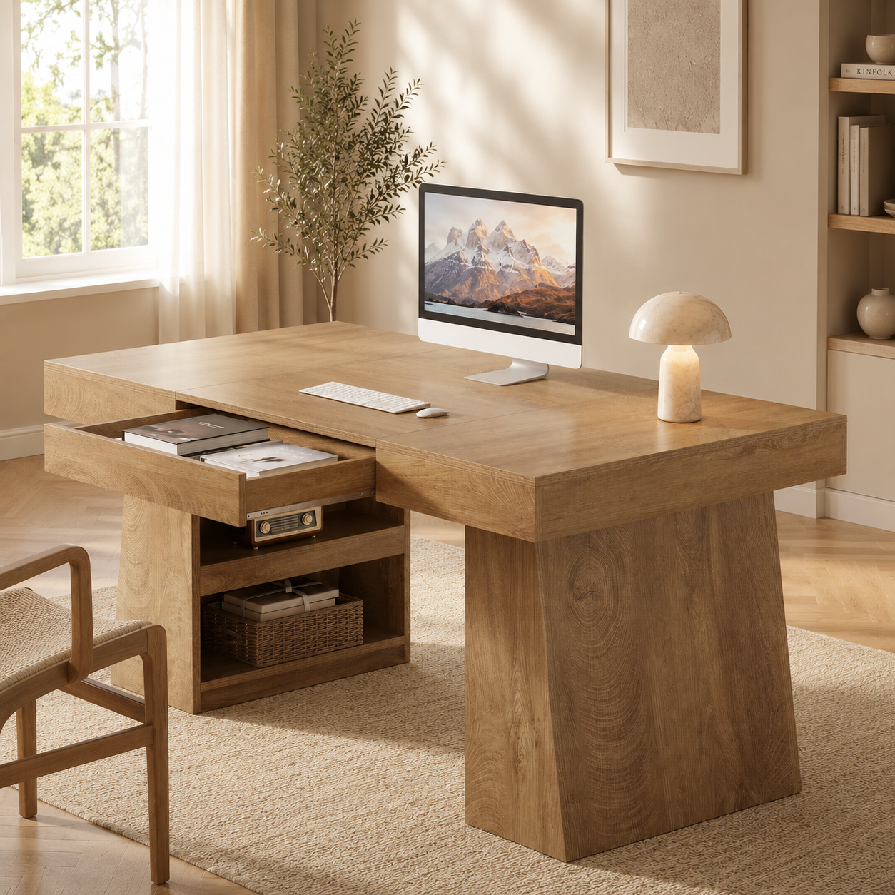 Lund Executive Desk – Farmhouse Office Desk with Drawer & Storage Shelves - Bild 3