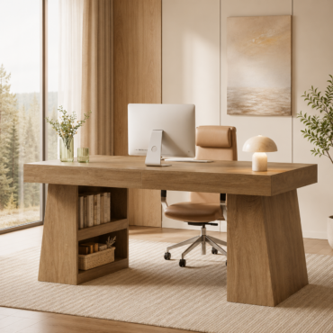 Lund Executive Desk – Farmhouse Office Desk with Drawer & Storage Shelves