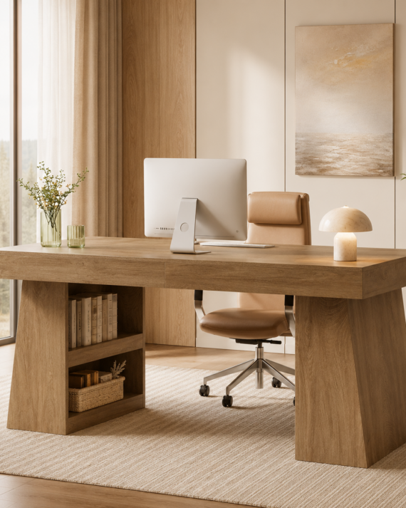 Lund Executive Desk – Farmhouse Office Desk with Drawer & Storage Shelves