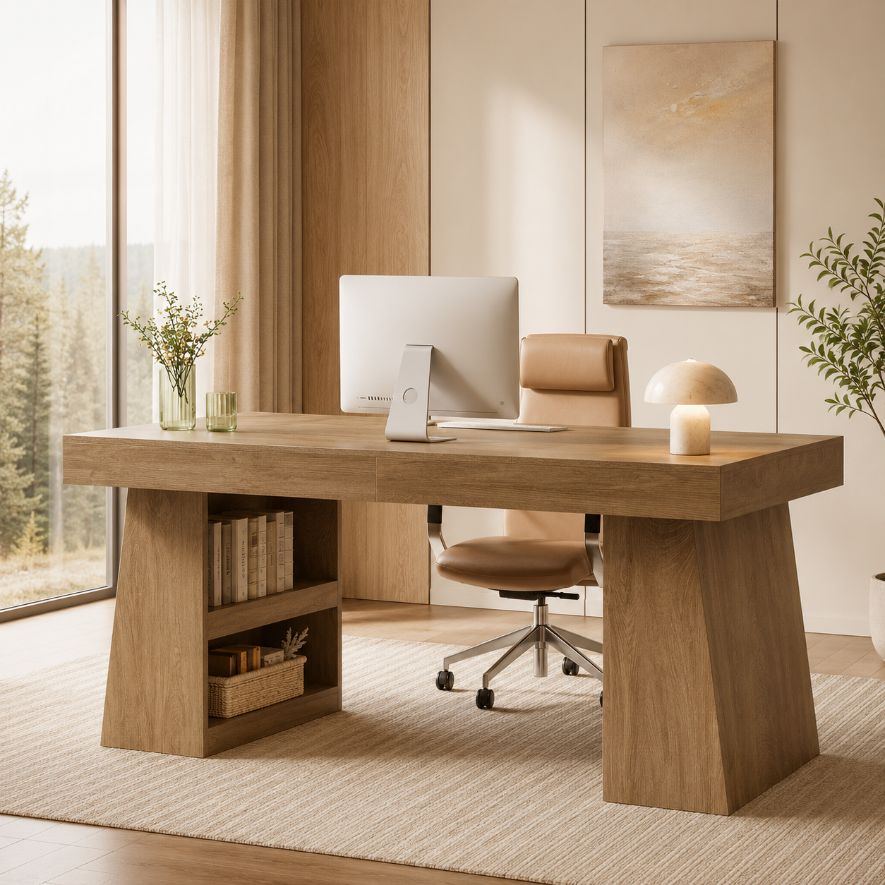 Lund Executive Desk – Farmhouse Office Desk with Drawer & Storage Shelves