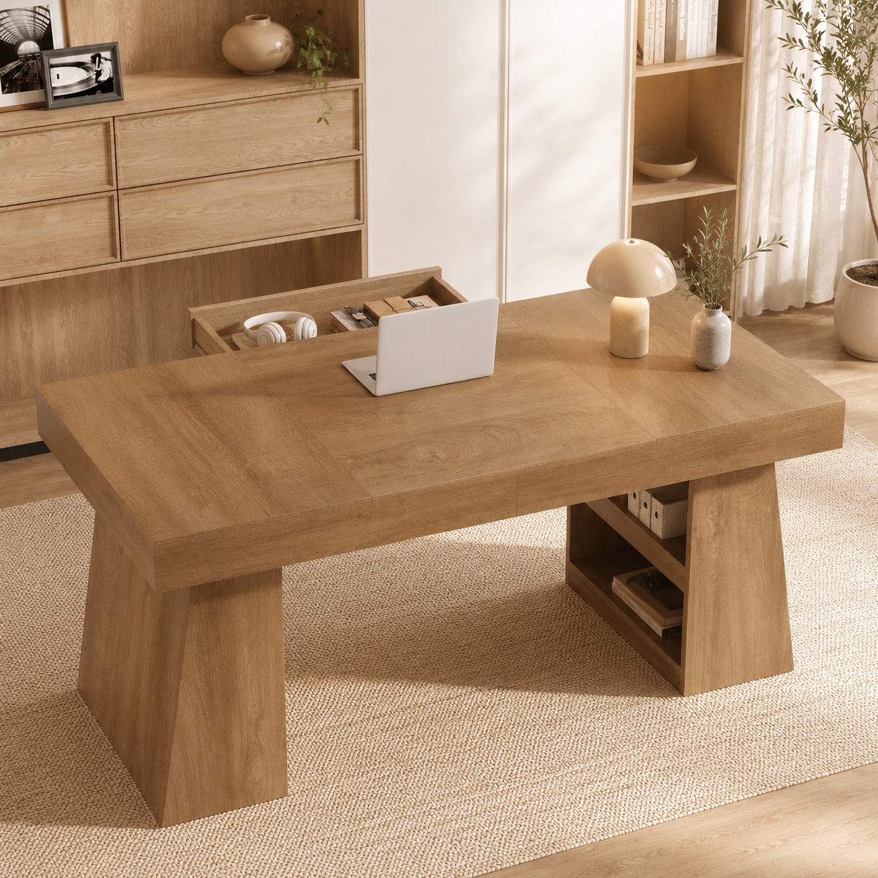 Lund Executive Desk – Farmhouse Office Desk with Drawer & Storage Shelves - Bild 2