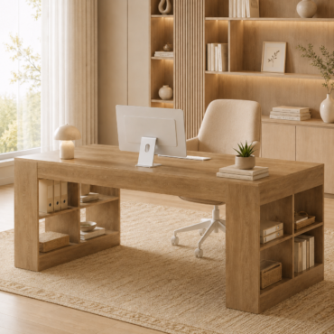 Ribe Executive Desk – Large Office Desk with Open Storage Shelves