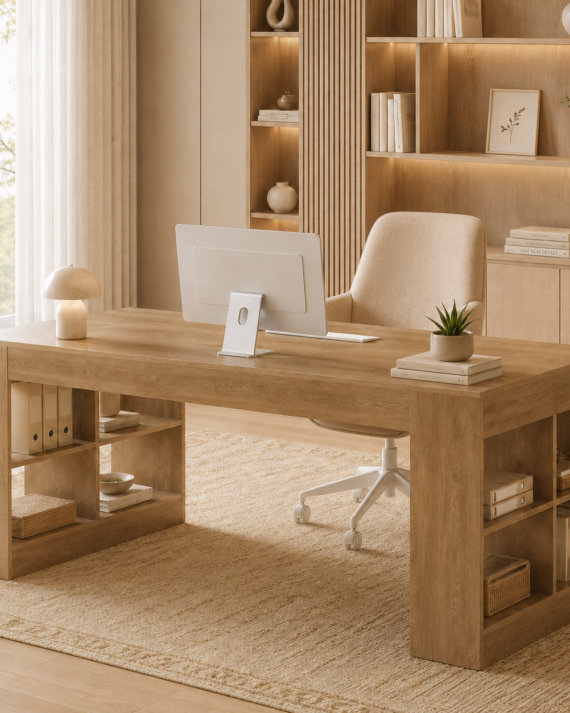 Ribe Executive Desk – Large Office Desk with Open Storage Shelves