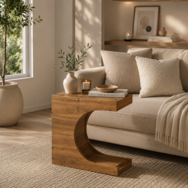Viborg Solid Wood Side Table – C-Shaped End Table with Storage Shelf