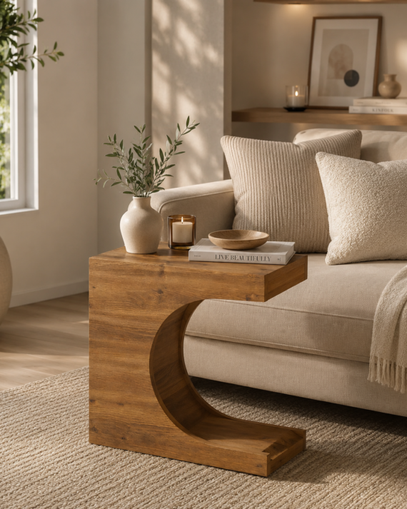 Viborg Solid Wood Side Table – C-Shaped End Table with Storage Shelf