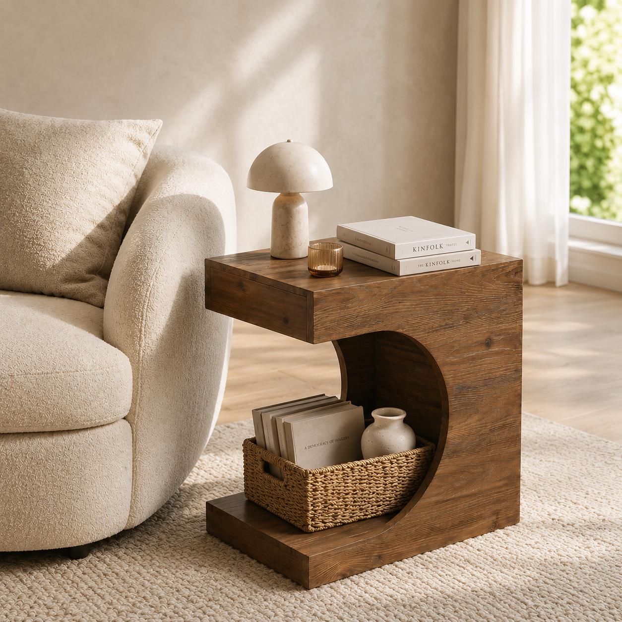 Viborg Solid Wood Side Table – C-Shaped End Table with Storage Shelf - Bild 2