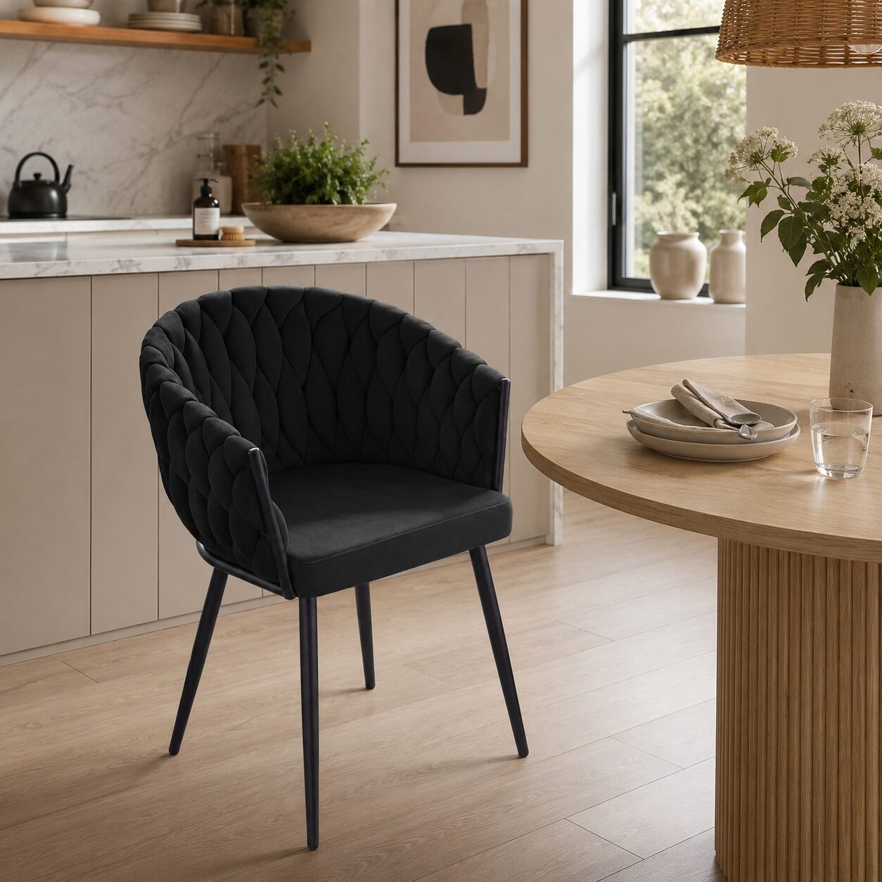Alta Dining Chair – Black Velvet Modern Armchair