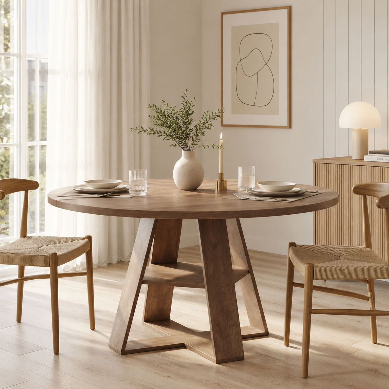 Falun Round Dining Table – Scandinavian Dining Table with Storage Shelf